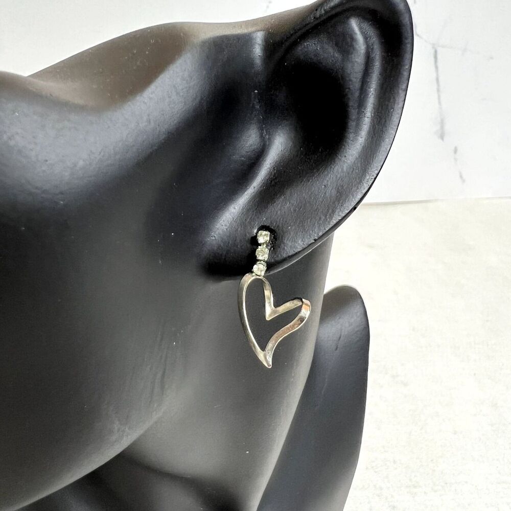 Vintage Silver Rhinestone Heart Dangle Earrings